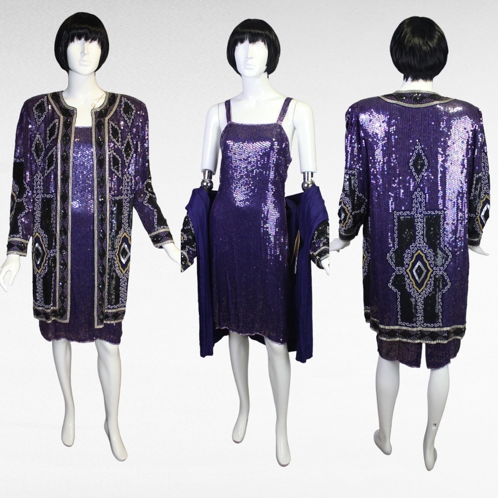 Dazzling Vintage 80s 2 piece Judith Ann Multi Color Purple Dress and Jacket Set